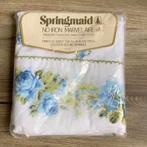 Marvelaire by Springmaid Twin Flat Sheet No Iron Muslin New White Blue Roses VTG